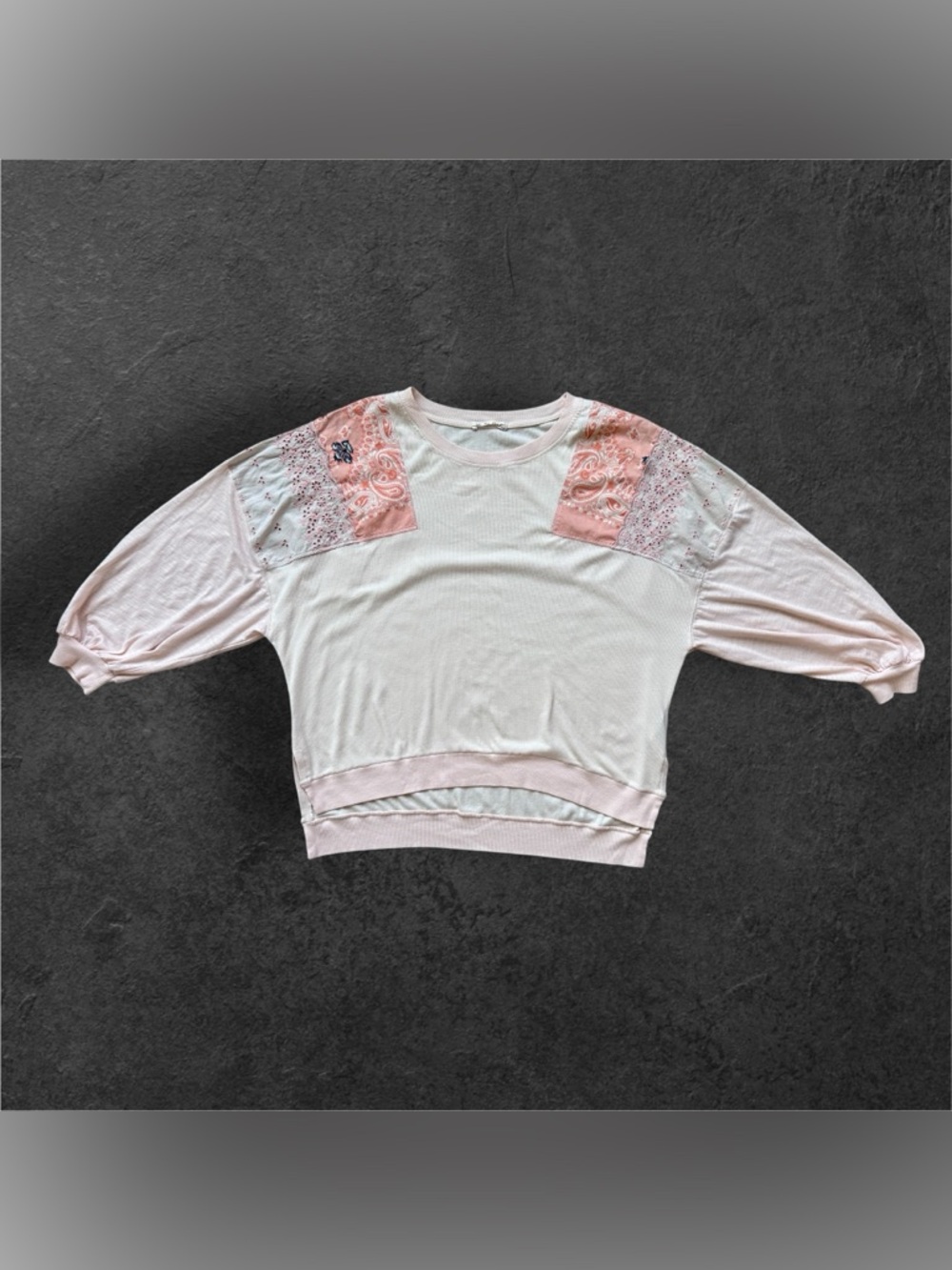 Free People Women’s Medium Pink Cream Patchwork Balloon Sleeve Pullover